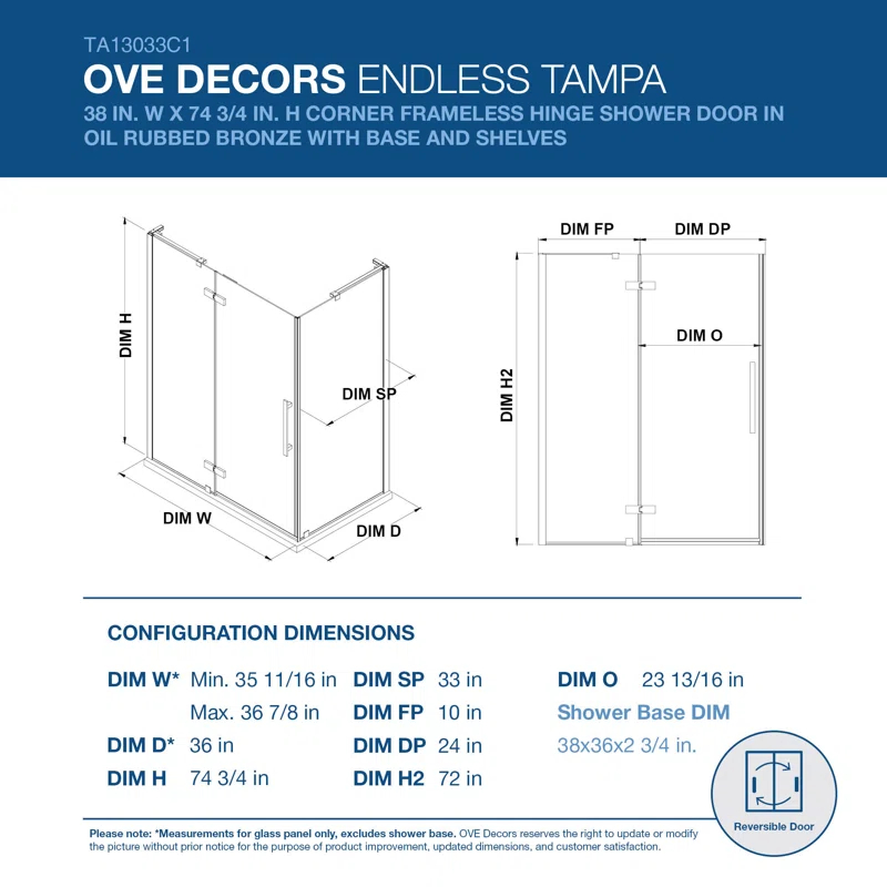 Endless Tampa 37" W x 72" H Corner Frameless Shower Kit, Door, 2 Panel, Base, Shelves