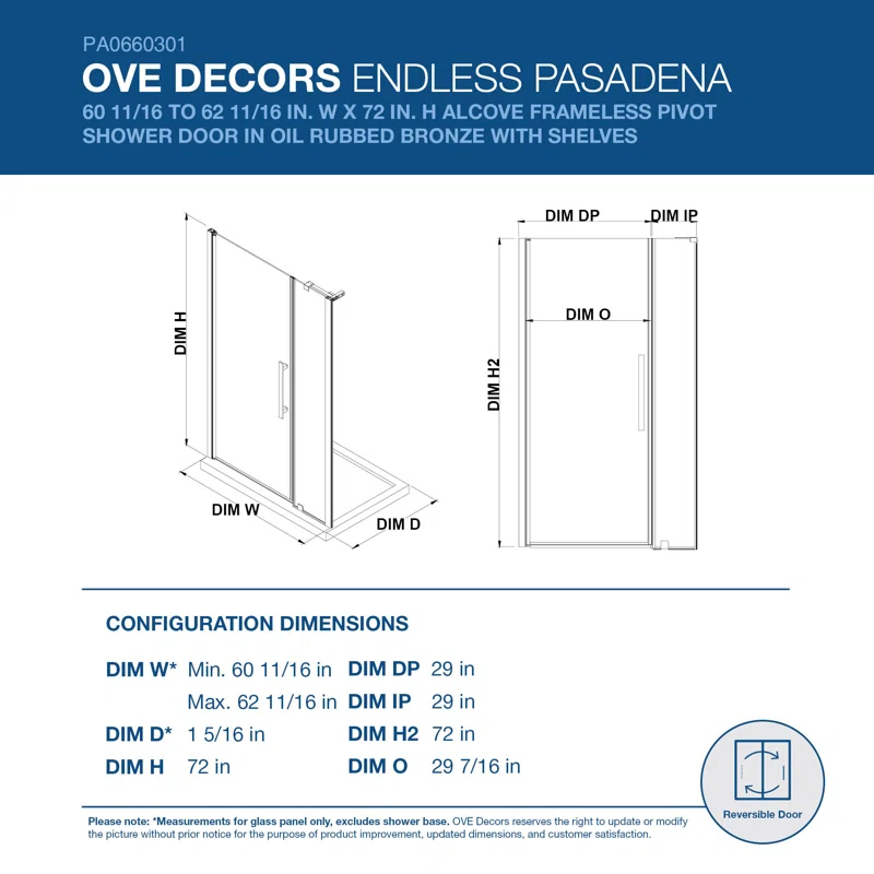 Endless Pasadena 62" W x 72" H Alcove Frameless Shower Kit, Door, Panel, Shelves