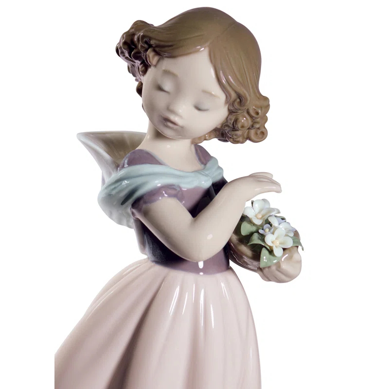 Adorable Innocence Porcelain Girl Figurine with Basket of Flowers