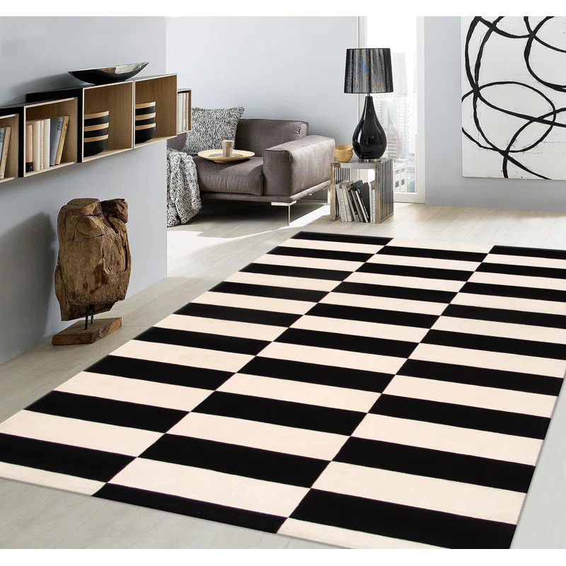 Pasargad Rodeo Striped Handmade Tufted Black/Beige Area Rug
