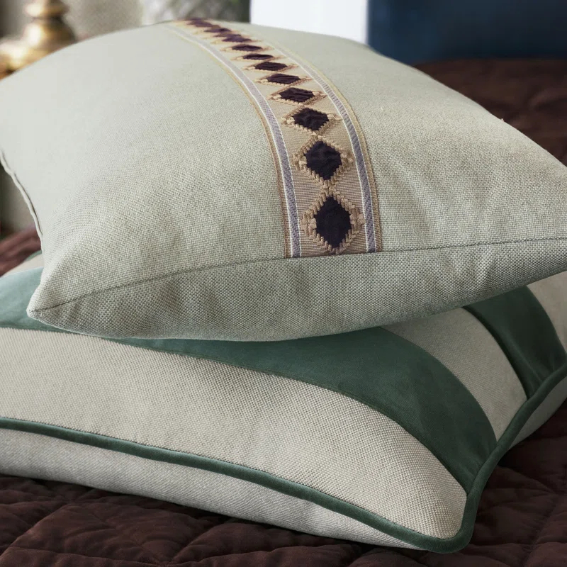 Olive Green and Beige Velvet Cotton Blend Square Throw Pillow