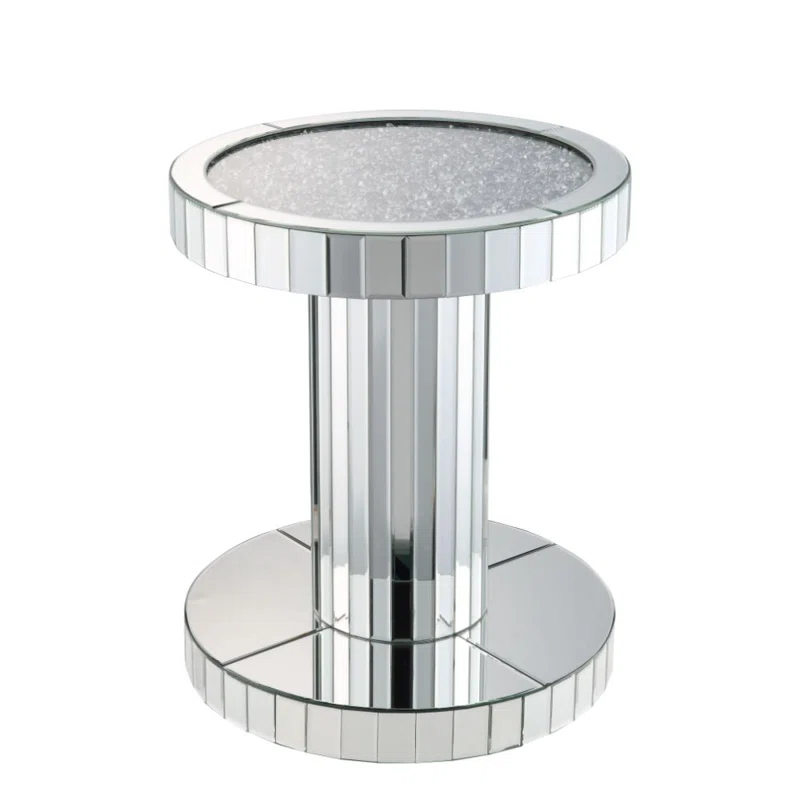 Round Silver Wood and Glass Mirrored End Table