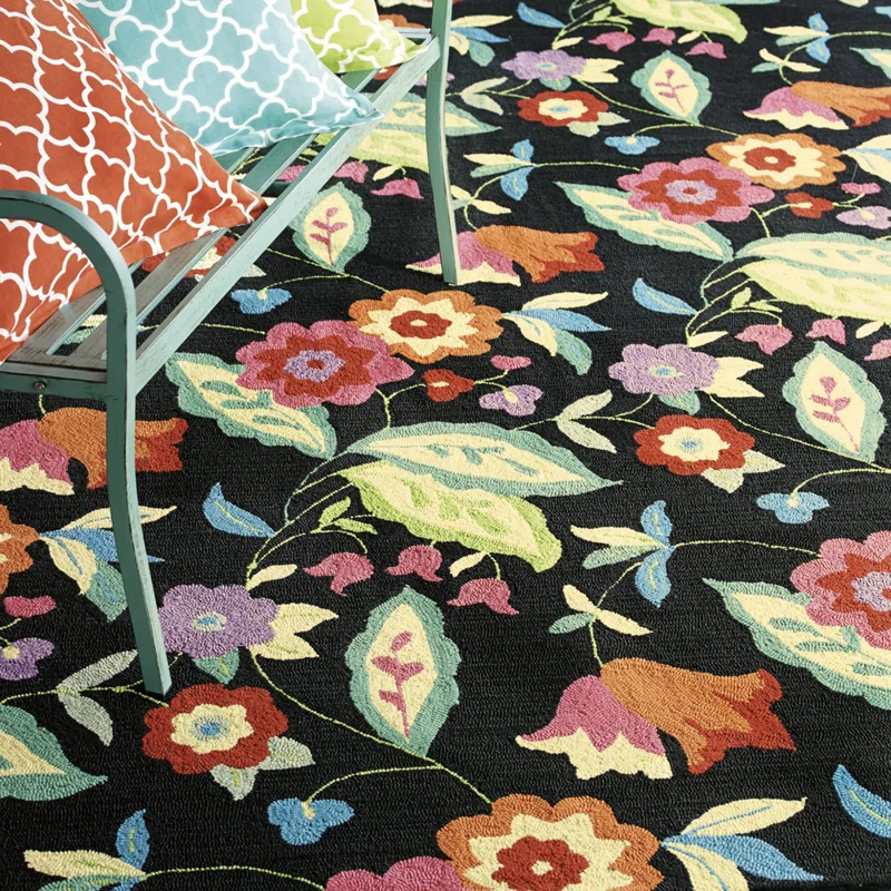 Samantha Floral Hand Hooked Black/Orange/Pink Area Rug