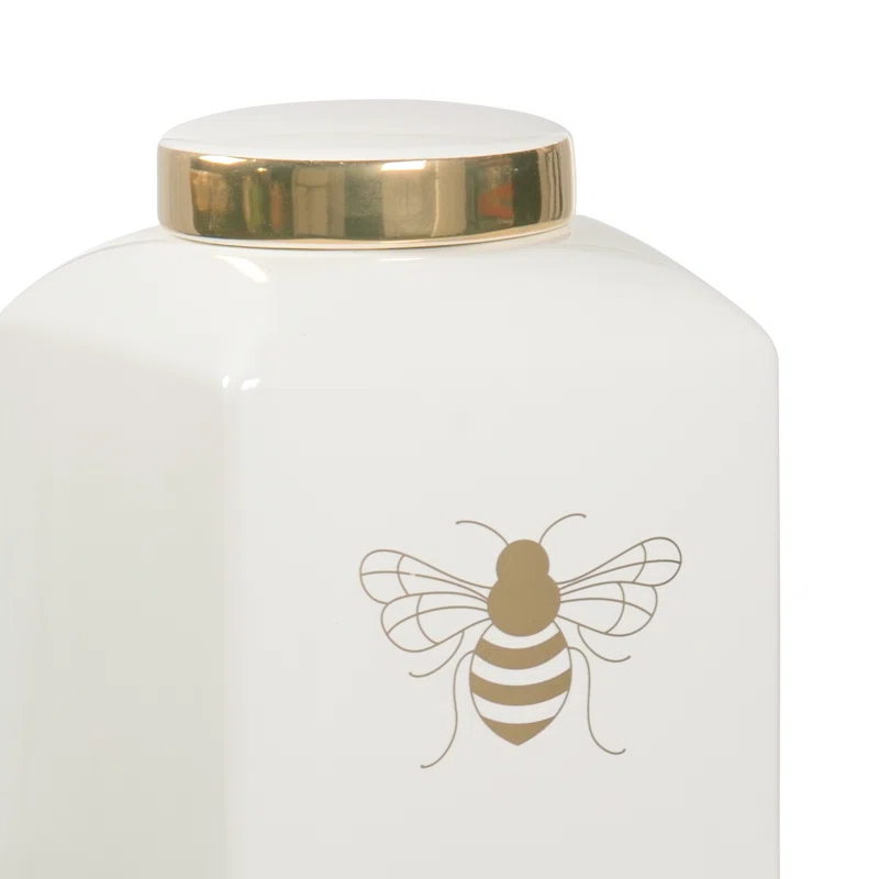 Light Green and Gold Ceramic Ginger Jar with Royal Bee Design