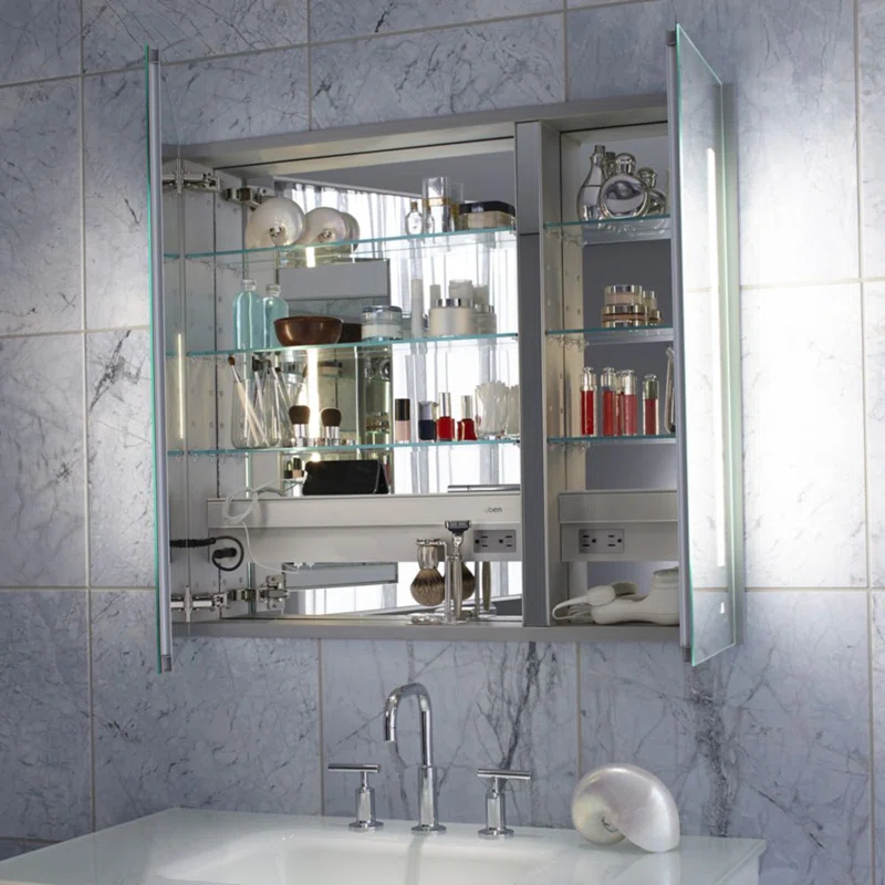 AiO Recessed Frameless Medicine Cabinet with 3 Adjustable Shelves and LED Lighting