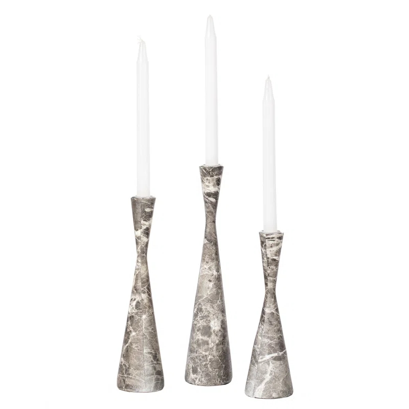 Ivy Bronx Marble Resin Candle Holders - 3 Set Taper Candlesticks for Home Decor, Gray