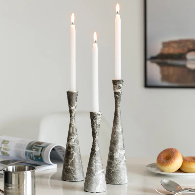 Ivy Bronx Marble Resin Candle Holders - 3 Set Taper Candlesticks for Home Decor, Gray