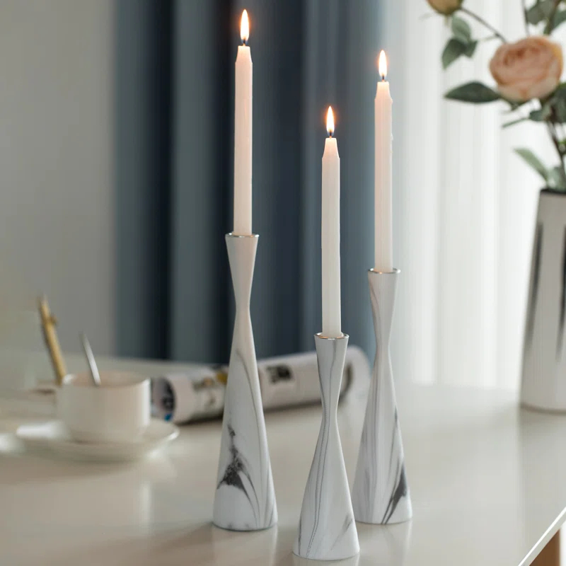 Ivy Bronx Marble Resin Candle Holders - 3 Set Taper Candlesticks for Home Decor, Table Centerpieces, White