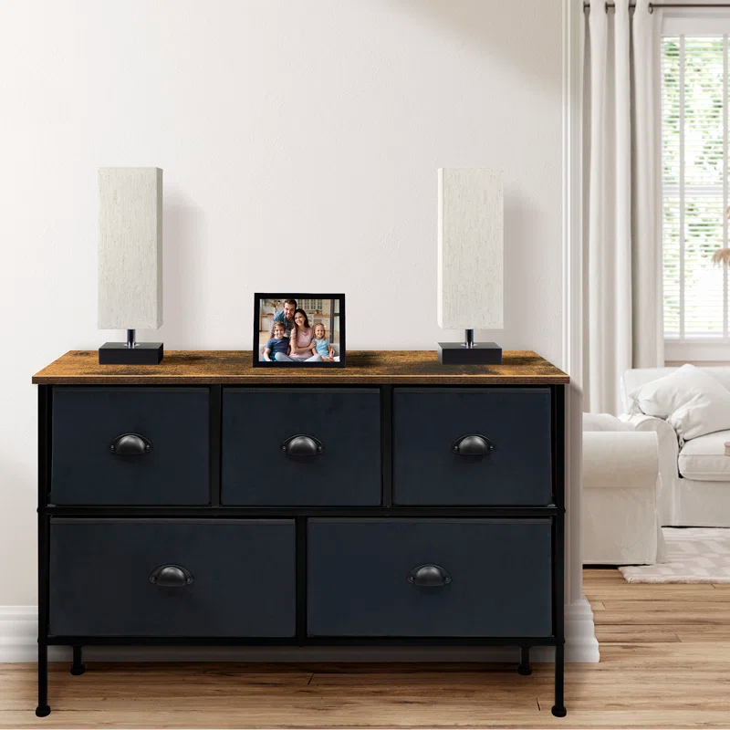 Sorbus Sorbus Dresser with 5 Drawers with Steel Frame, Wood Tops, and Fabric Bins in Black with Wood Top