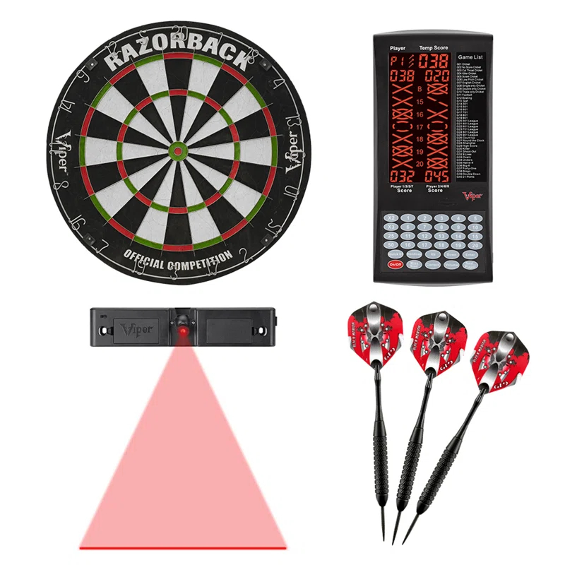 Viper Razorback Sisal/Bristle Dartboard with 22 Gram Steel Tip Darts, Laser Dart Throwline & Pro Score Digital Scoreboard (Set of 4)