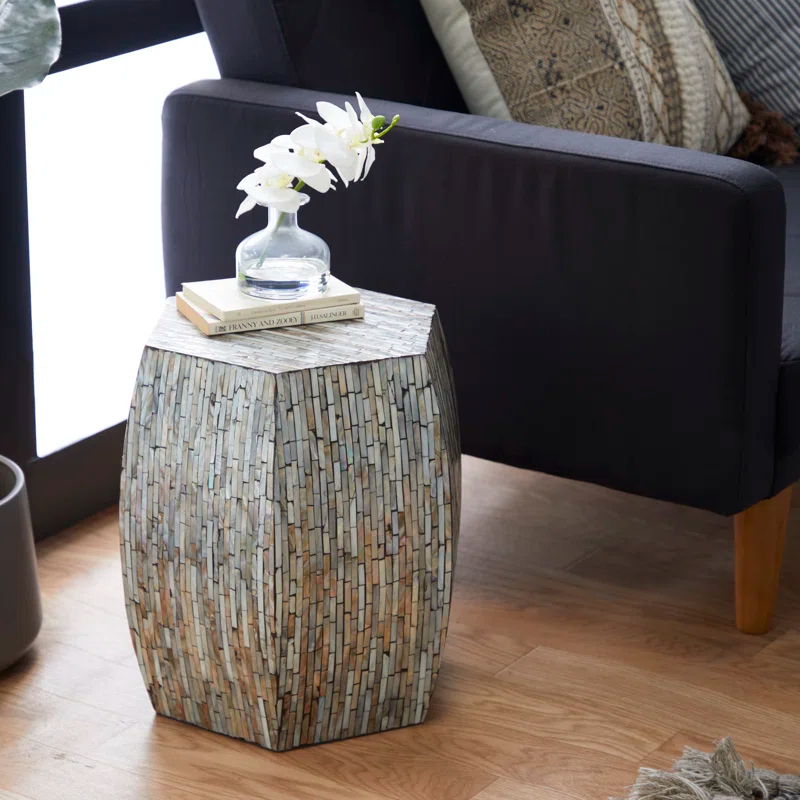 Wrought Studio™ Alissa Mother of Pearl Shell Handmade Shell Mosaic Hexagon Side End Gray Accent Table with Brown Accents