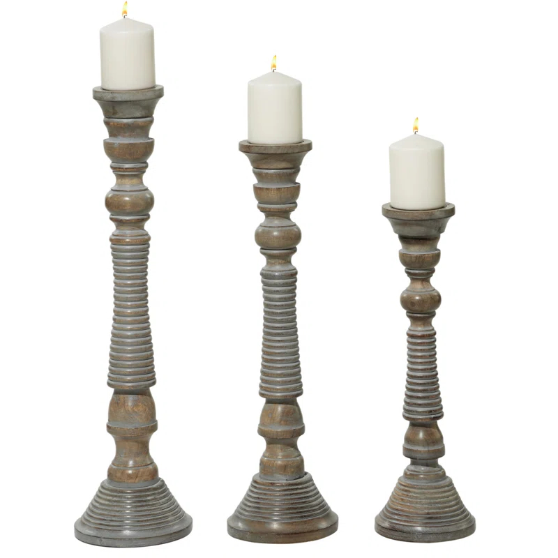 Mango Wood Handmade Decorative Light Gray Candle Holder Set (Set of 3)