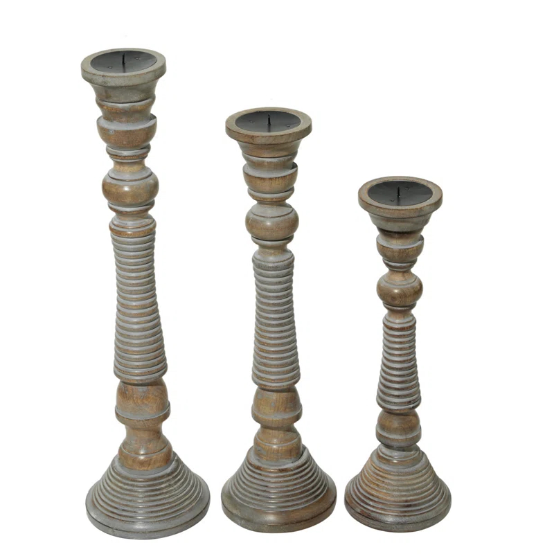 Mango Wood Handmade Decorative Light Gray Candle Holder Set (Set of 3)