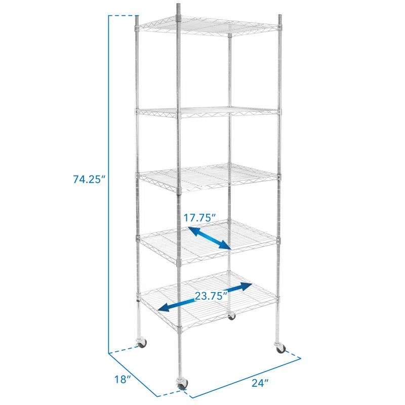 Mount-it Mount-It! Height Adjustable 5 Tier Wire Shelving with Rolling Wheels | Closet Metal Racks Shelves
