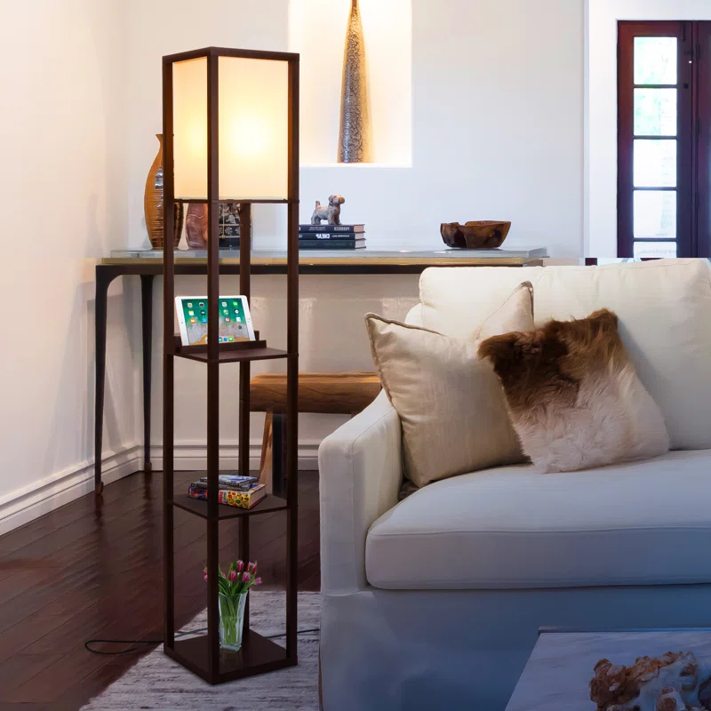 Brightech Maxwell 63 in. 3-Shelf Modern USB and Wireless Charging LED Floor Lamp with Fabric Square Shade