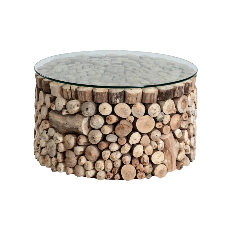 Bickford Transitional Round Wood & Glass Side Table in Brown