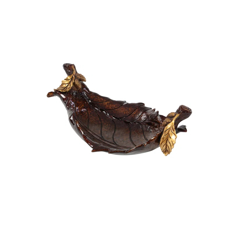 Millwood Pines Diederich Polystone Intricate Carved Leaf Bronze Decorative Bowl