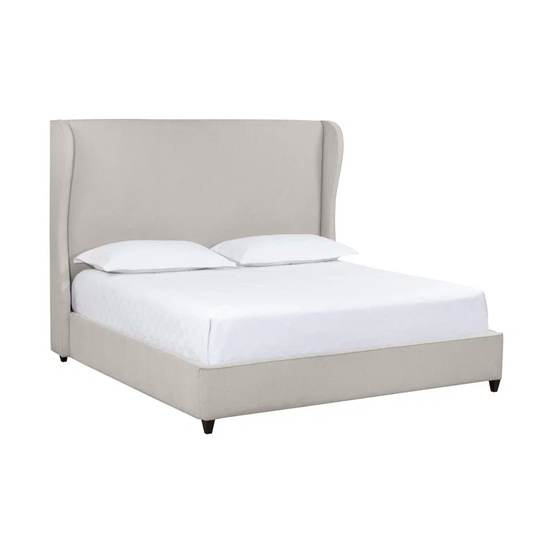 Beige King Upholstered Bed with Wingback Headboard