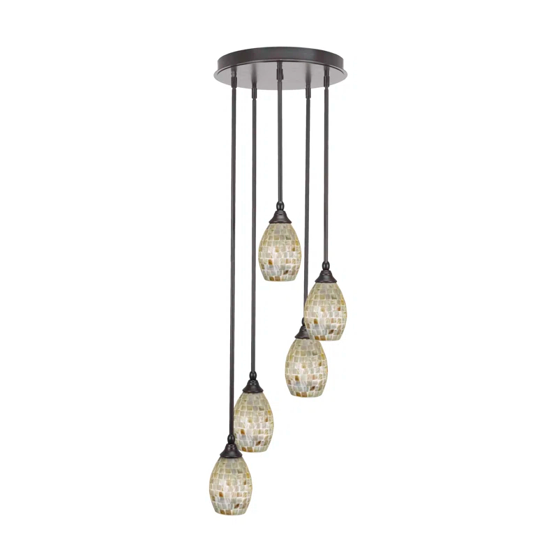 Empire 5 Light Stem Hung Cluster Pendalier With 5" Ivory Glaze Seashell Glass