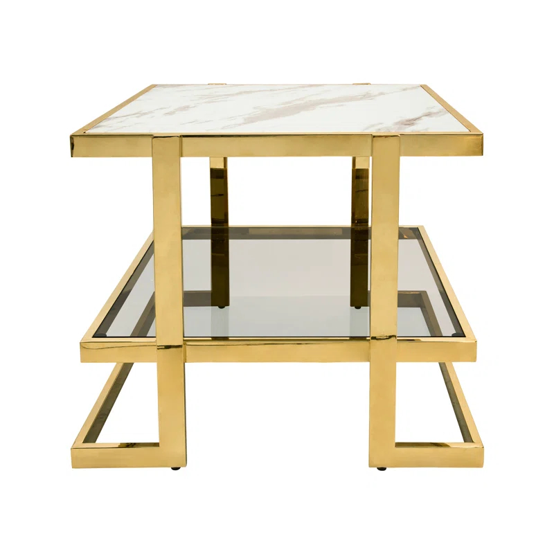 Mercer41 Atli Modern 24" Accent Table with Marble-Look Top, Glass Shelf & Gold Metal Geometric Frame for Living Room or Bedroom