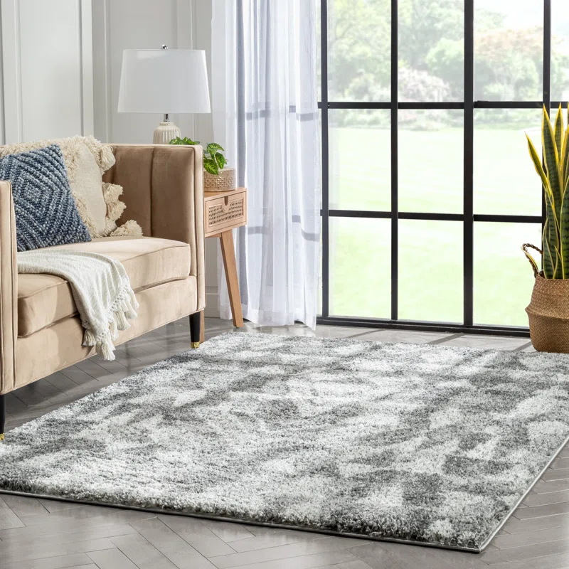 Union Rustic Mareco Geometric Moroccan Shag Grey Area Rug