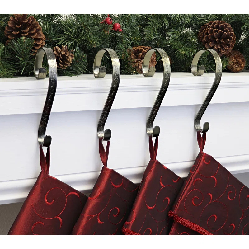 Haute Decor Stocking Scrolls Embossed Holly Stocking Holder (Set of 4)