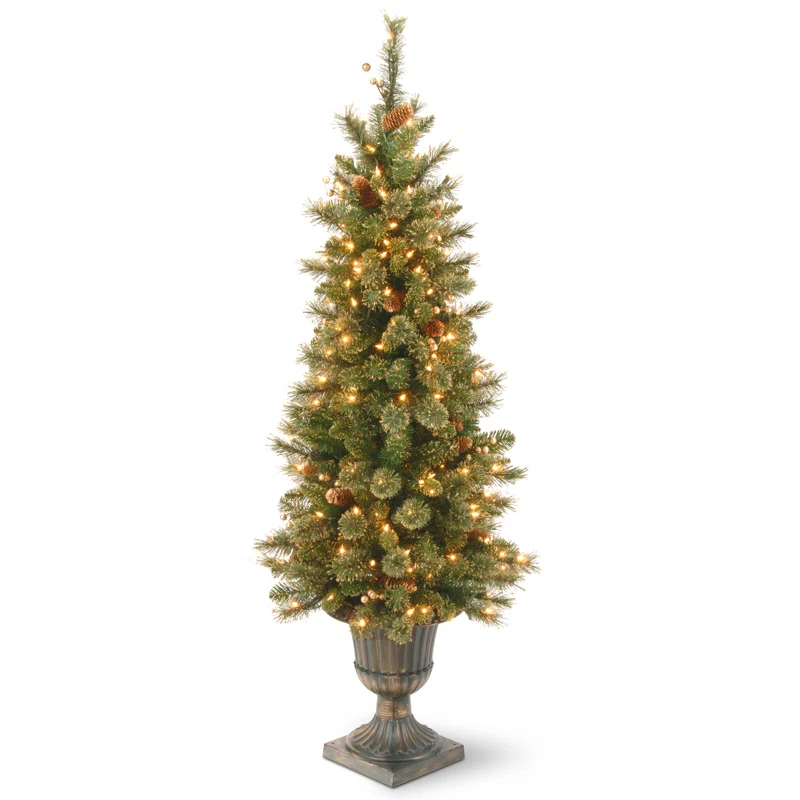 The Holiday Aisle® 4 ft. Glittery Gold Pine Entrance Tree with Clear Lights