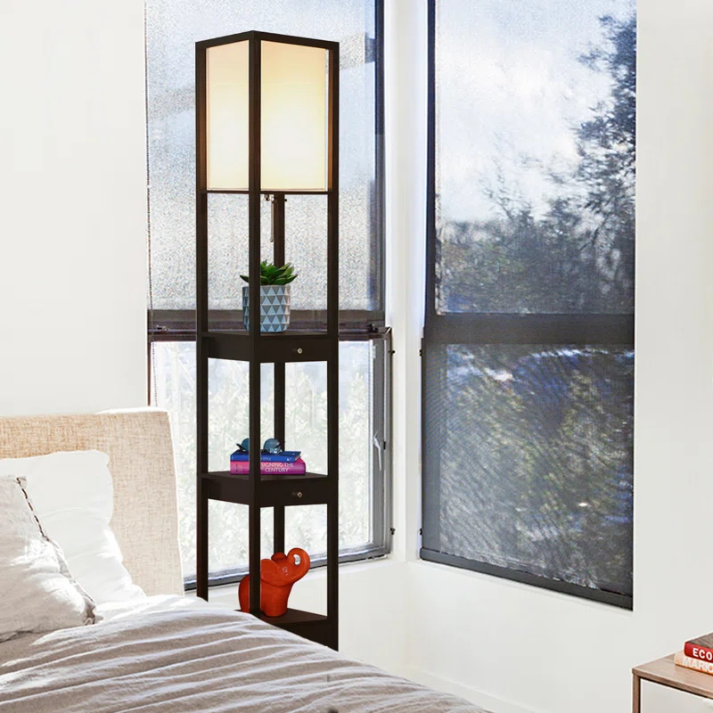 Brightech Maxwell 72" Traditional LED Shelf Floor Lamp with Black Finish, 4 Built-In Shelves, 3 Storage Drawers, Bulb Included