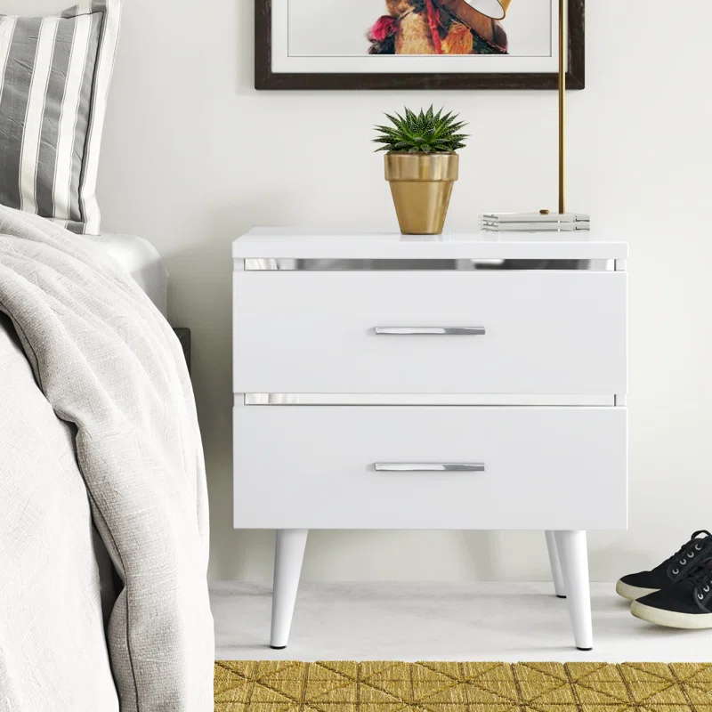 Adore Decor Mid-Century Side Table, 2 Drawers Storage Nightstand, Matte Chrome Handle