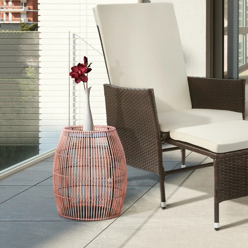 Bay Isle Home™ Bamboo Drum Side Table with Black Iron Top – Weather-Resistant Open Weave Accent Table