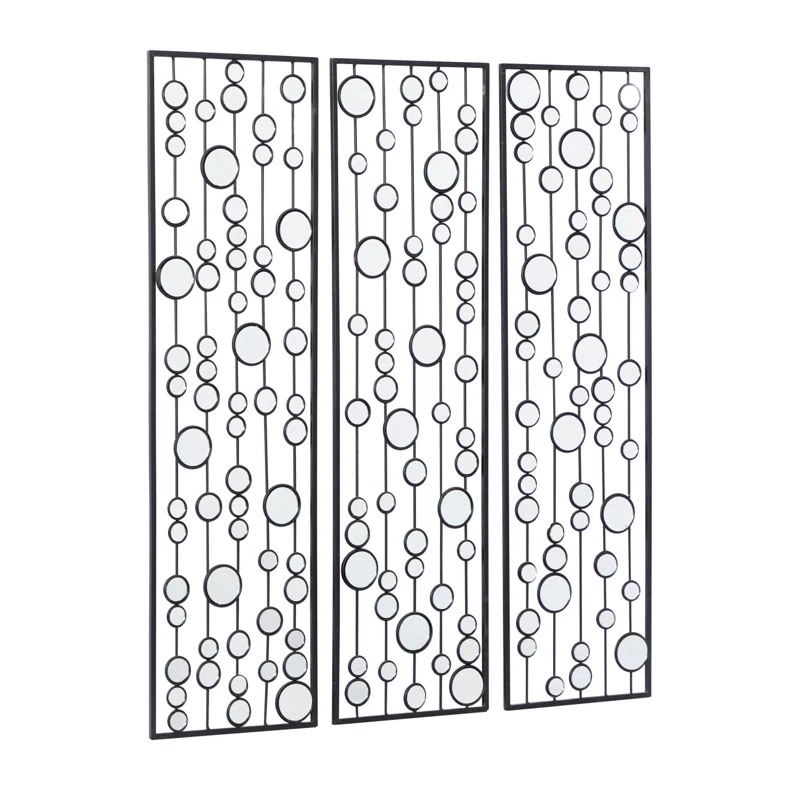 Mercer41 Metal Geometric Black Wall Decor with Round Mirror Accents Set