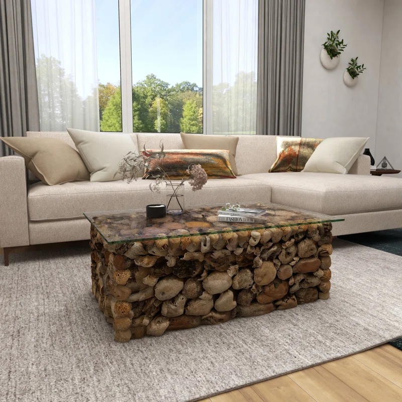 Millwood Pines Brown Wood Handmade Stacked Collage Coffee Table with Clear Glass Top