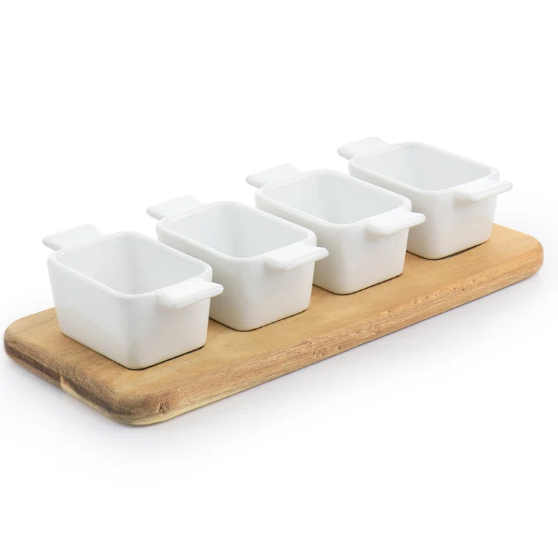 Gibson Elite Gibson Elite Gracious Dining 5 Piece Fine Ceramic Tidbit Dish Set With Acacia Wood Base