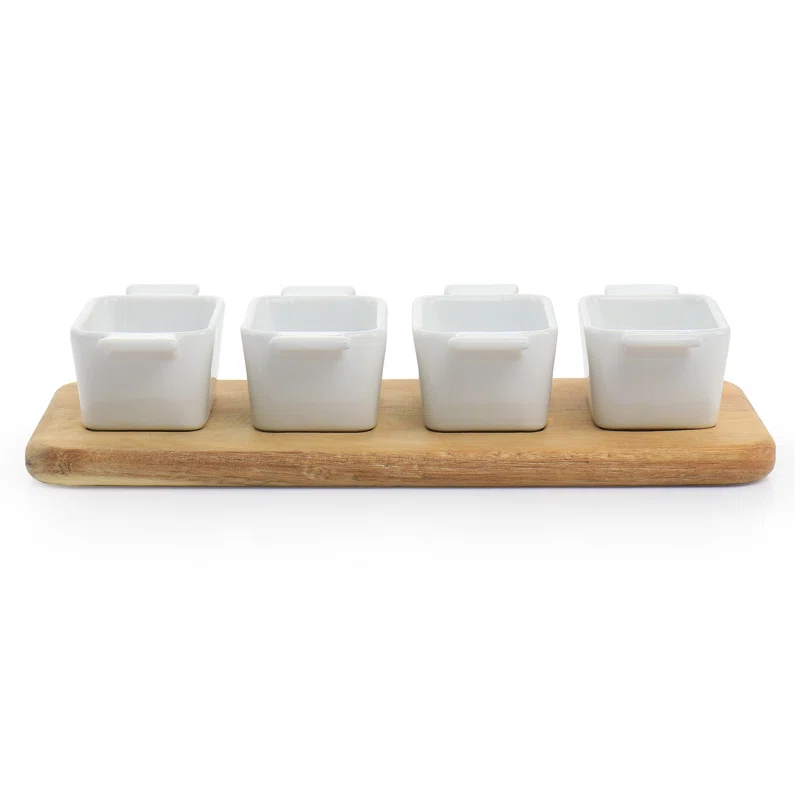 Gibson Elite Gibson Elite Gracious Dining 5 Piece Fine Ceramic Tidbit Dish Set With Acacia Wood Base