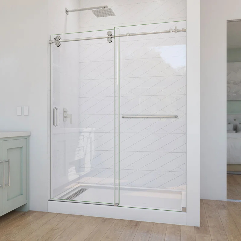 DreamLine Enigma-CXO 56-60 in. W x 76 in. H Fully Frameless Sliding Shower Door in Brushed Stainless