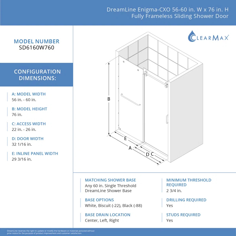 DreamLine Enigma-CXO 56-60 in. W x 76 in. H Fully Frameless Sliding Shower Door in Brushed Stainless