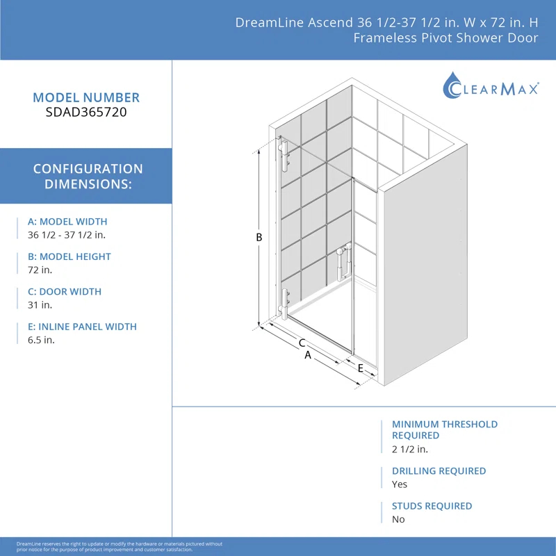 DreamLine Ascend 36 1/2-37 1/2 in. W x 72 in. H Frameless Pivot Shower Door