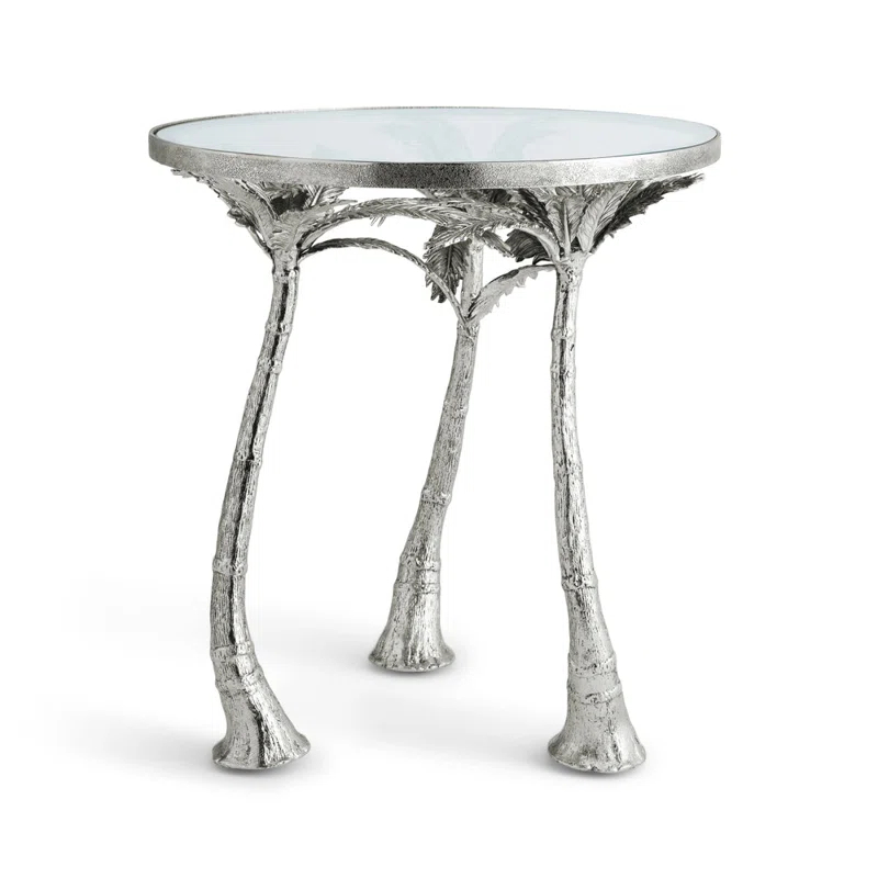 Windswept Palm Round Silver Metal & Glass Side Table