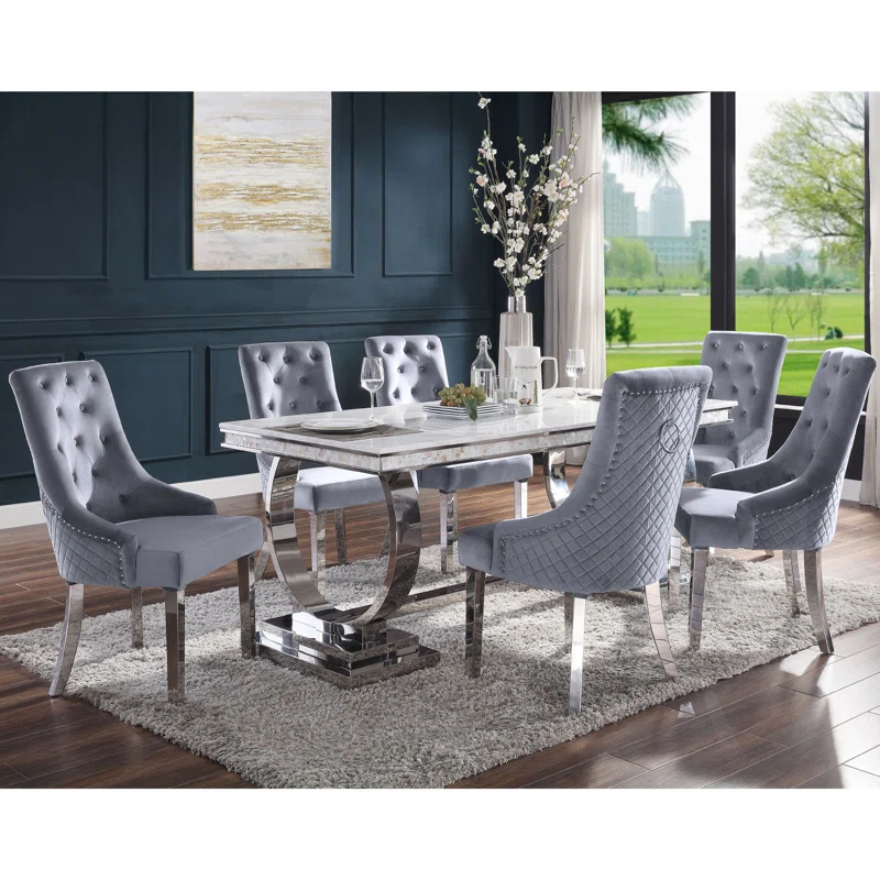 ColourTree Faux Marble Top Metal Base Dining Table
