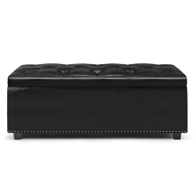 Simpli Home Hamilton 44"W Upholstered Lift-Top Storage Ottoman with Nailhead Trim and Tufted Detailing