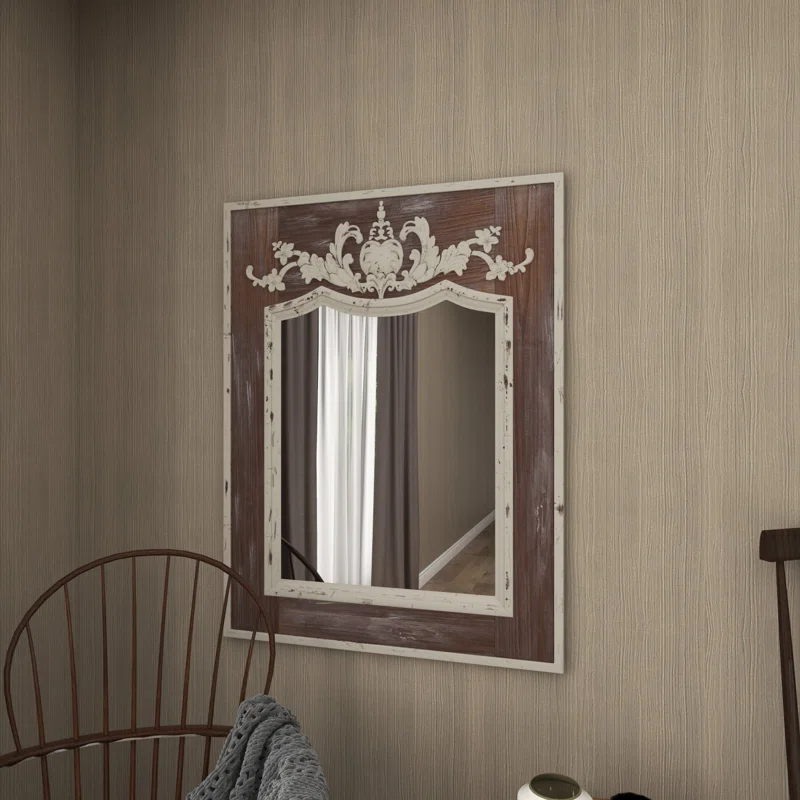 Ophelia & Co. Eberhart Wood Vintage Inspired Acanthus Scroll Floral Brown Wall Mirror with Distressed Cream Accents
