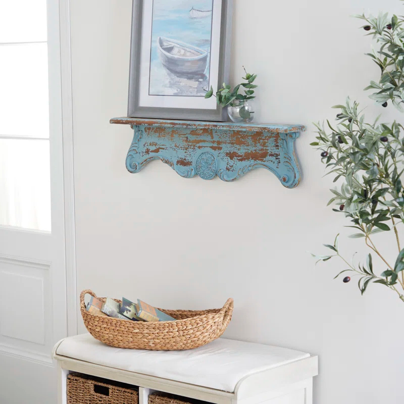 Ophelia & Co. Wood 1 Shelf Scroll Blue Wall Shelf