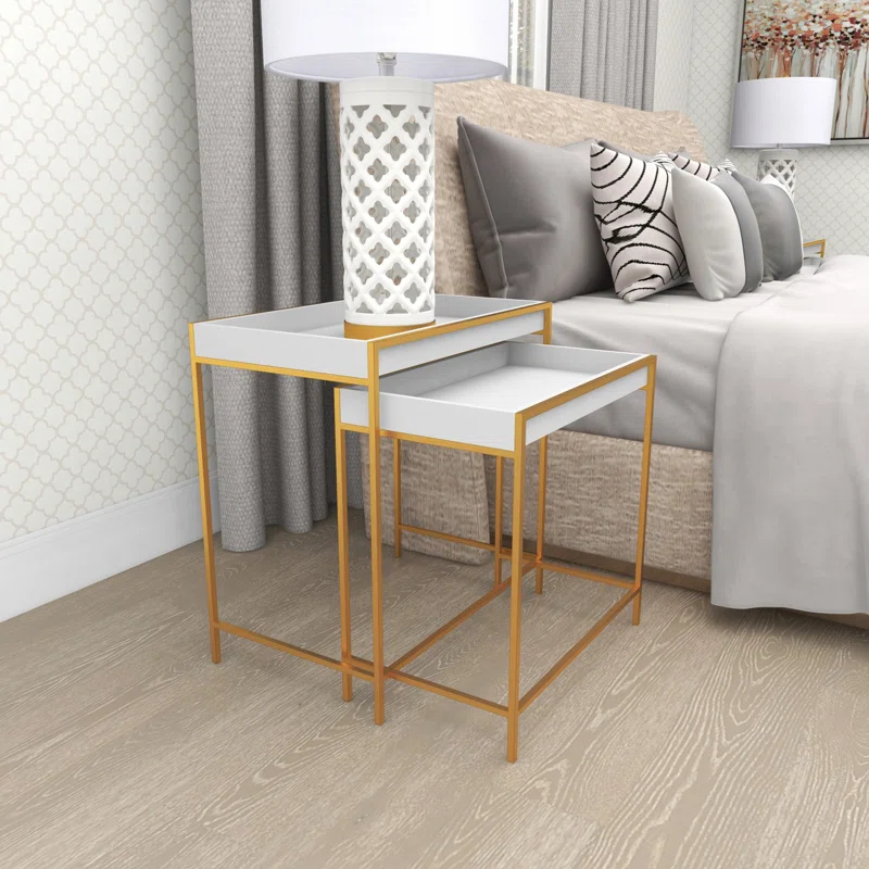 Mercer41 Blaine Wooden Nesting Tray Top Geometric Side End White Accent Table with Gold Metal Legs Set