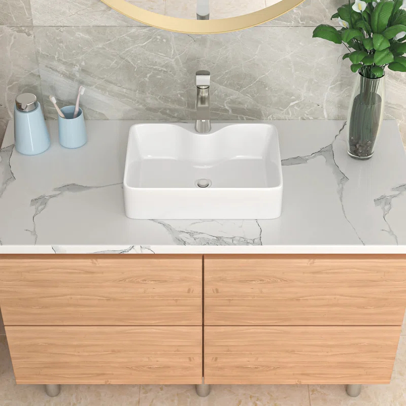 16" x 12" Bathroom Vessel Sink Rectangular Above Counter White Ceramic Vessel Sink with Faucet Hole