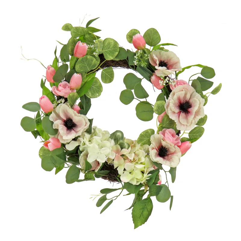 The Holiday Aisle® 22 inch Artificial Spring Wreath with Hydrangea, Tulip, and Eucalyptus Blooms, Realistic Floral Decoration for Front Door or Indoor Décor