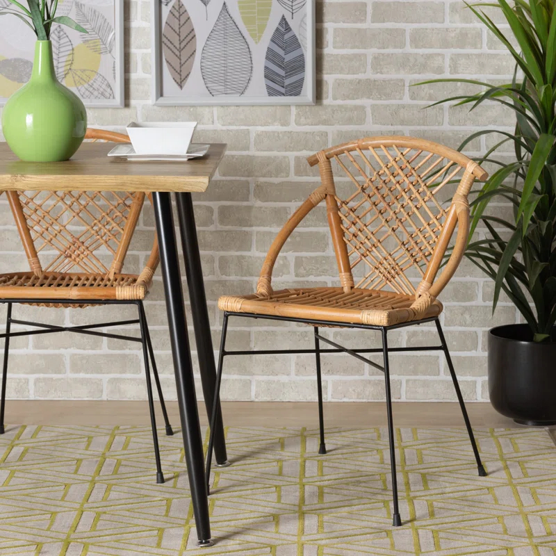 Bayou Breeze Slat Back Rattan Side Chair in Natural Brown (Set of 2)