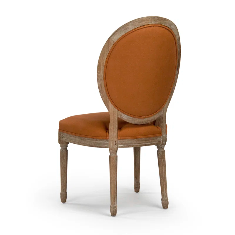 Limed Gray Oak Wood Orange Linen Tufted Medallion Side Chair