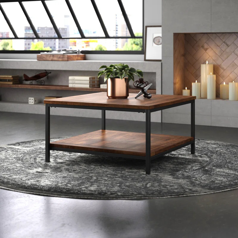 Simpli Home Skyler 34"W Solid Mango Wood Industrial Square Coffee Table with Open Shelf and Metal Frame