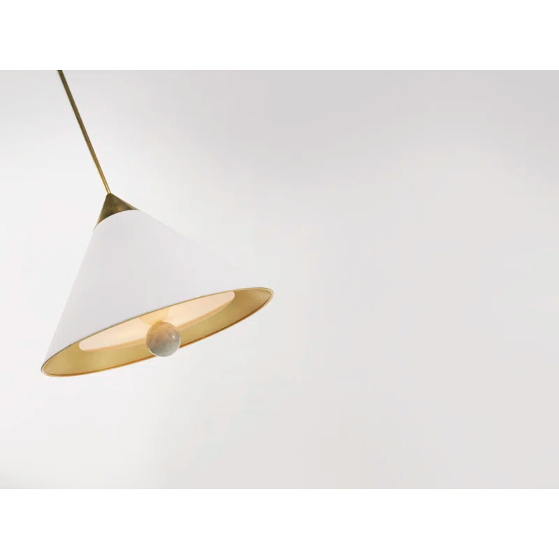 White and Brass Conical Pendant Light with Crystal Accents