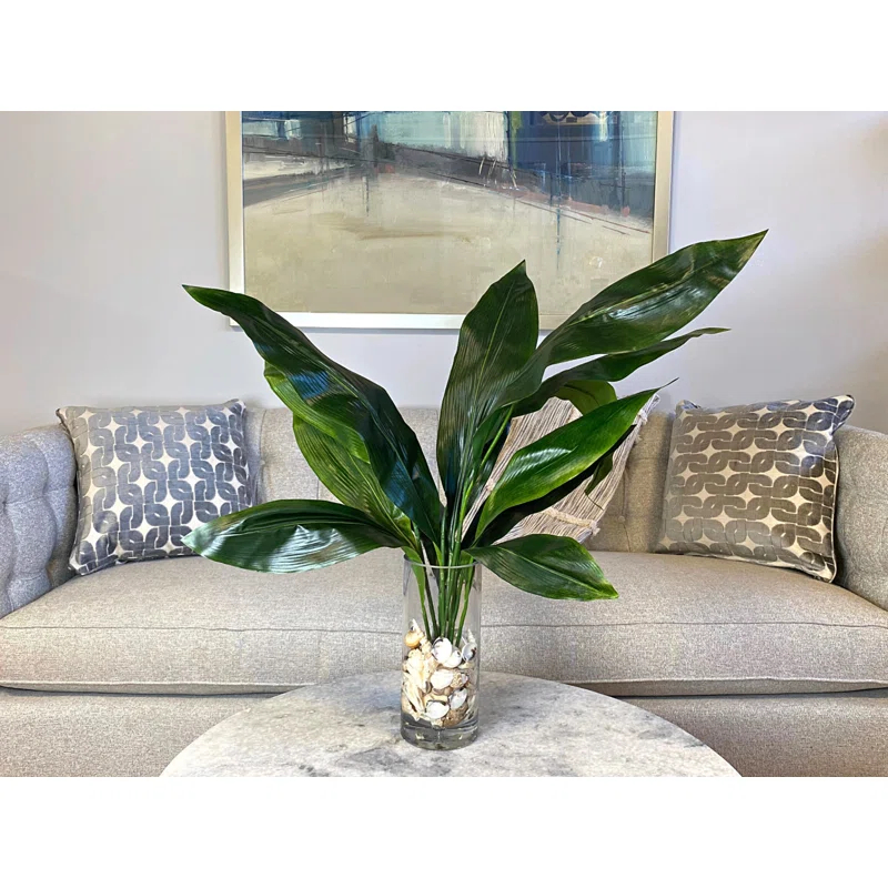 Green Faux Aspidistra Plant in Clear Glass Vase with Shells